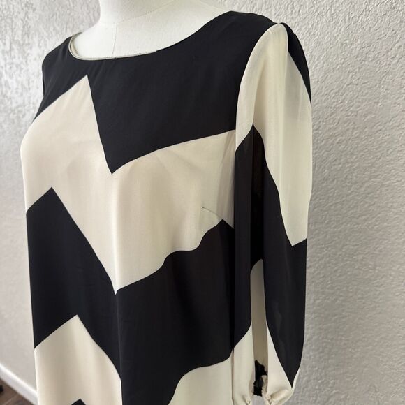Cocktail Chevron Dress Women’s Size L Black Cream 3/4 Sleeve Bow Back Formal - Picture 10 of 14